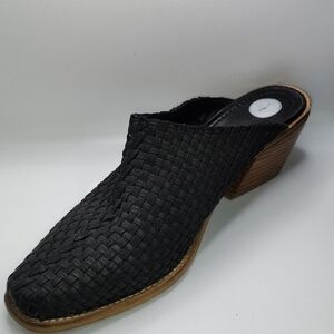 Black Woven Leather Mules with Wooden Heel NWOT